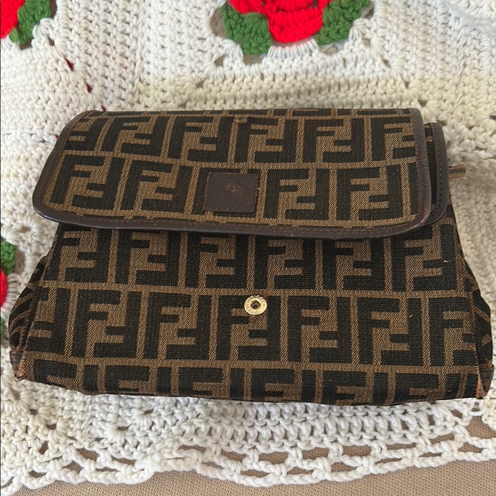 Fendi Brown and Black Clutch with Iconic Logo